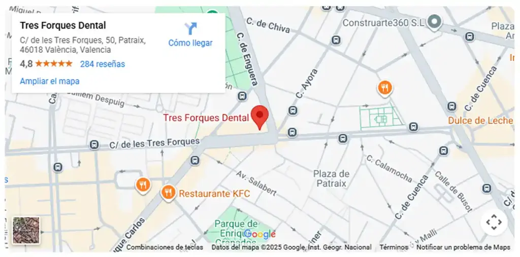 Mapa de ubicación de Tres Forques Dental en Carrer de les Tres Forques 50, Patraix, Valencia